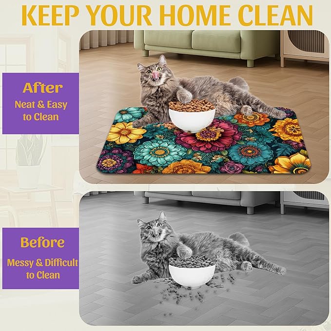 Vintage Floral Pet Feeding Mat, Fast-Dry Absorbent Dog and Cat Bowl Mat, Waterproof Rubber Base – 16x24 Inch