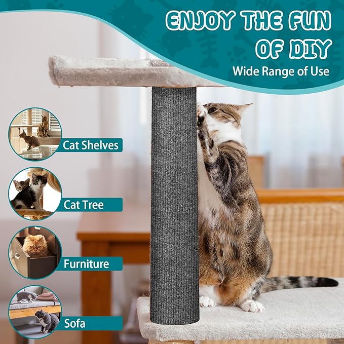 Climbing Cat Scratcher Mat Trimmable Cat Scratching Post Carpet 39.3’’x15.8’’ Self Adhesive Carpet Mat Pad Replacement for Cat Tree Shelves Post Couch Wall Furniture Steps DIY Protector (Dark Gray)