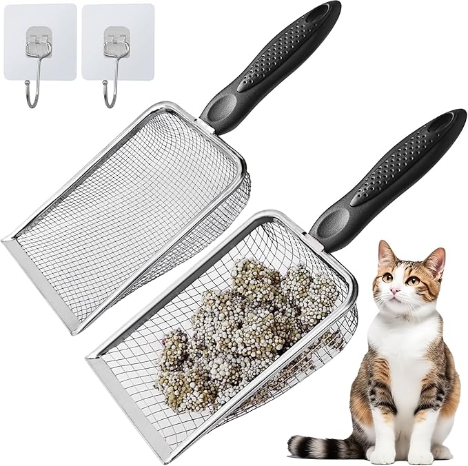 2Pcs Cat Litter Scoop Metal Stainless Steel Mesh Kitty Litter Scoop with Hook, Cat Scooper for Litter Box, Filter Small Pieces Quickly, Easy to Clean and Durable (3mm/5mm Mesh)