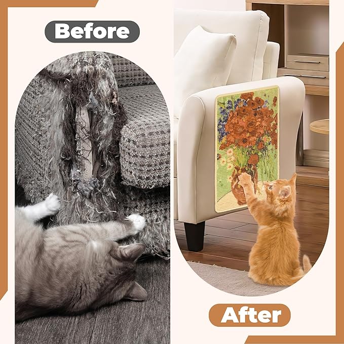 Sisal Cat Scratcher Mat, Cat Wall Scratcher for Indoor Cats, 23.6x15.7 Inch Cat Scratch Pad with Hook & Loop, Wall Mounted Cat Scratching Post to Protect Couch and Carpet（Red Flower）
