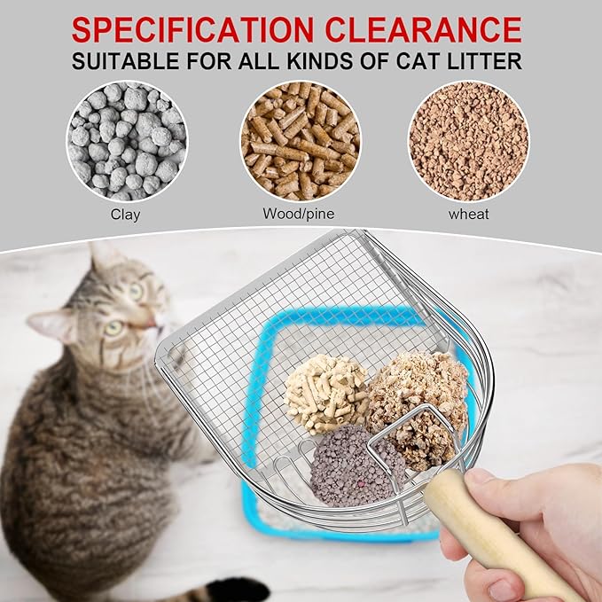 Ownpets Iron Metal Cat Litter Scoop, Heavy Duty Kitty Litter Scooper & Speed Sifter to Catch Small & Large Clumps, with Eucalyptus Wood Handle, Non-Stick Deep Shovel for Effective cleanup