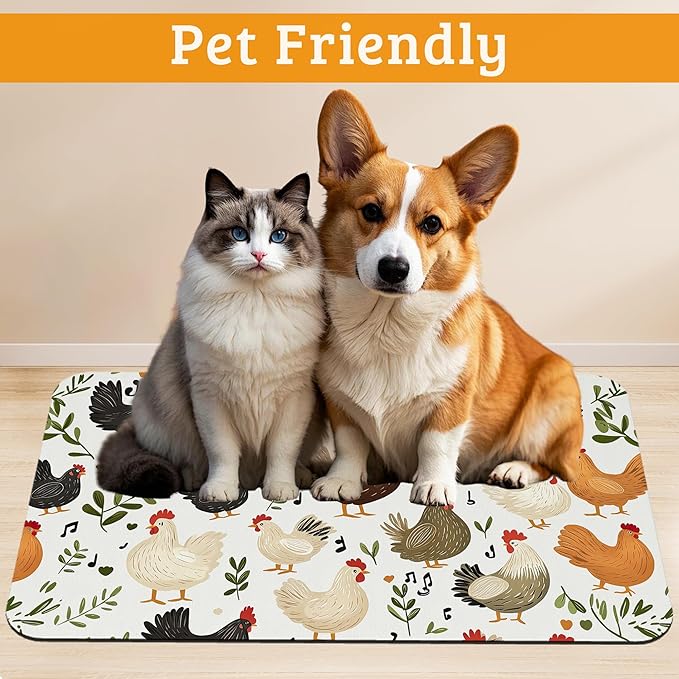Dog Bowl Mat,Chickens Roosters Pet Feeding Mat for Floors Waterproof,Plants Leaf Absorbent Dogs Placemat for Food and Water Quick Dry Pet Cat Feeding Mats with Non Slip Bottom 12" x 20"