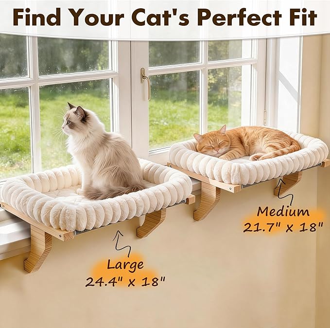 Cloud-Cuddle Cat Perch for Window Sill with Bolster, Natural Wood & Metal Frame Cat Window Seat for Large Cats, Easy to Adjust Zipper Cushion Pet Bed for Windowsill (Large)