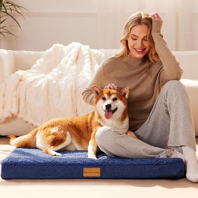 Patas Lague Orthopedic Dog Bed for Small Dogs 20''X15'', Soft Waterproof Egg Crate Foam Small Pet Crate Beds Mat with Removable Washable Cover and Non-Slip Bottom, Navy Blue