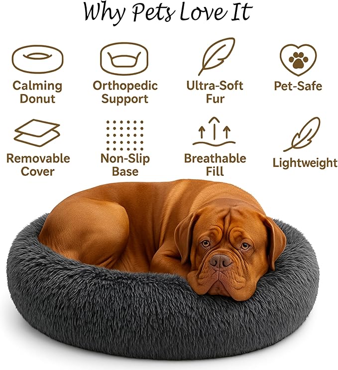 Calming Dog Bed - Fluffy Donut Cuddler for Anxiety Relief, Orthopedic Pet Bed with Non-Slip Bottom, Cozy Round Faux Fur Nest for Dogs and Cats, Plush Crate Mat for Comfort (Dark Grey, Small +)