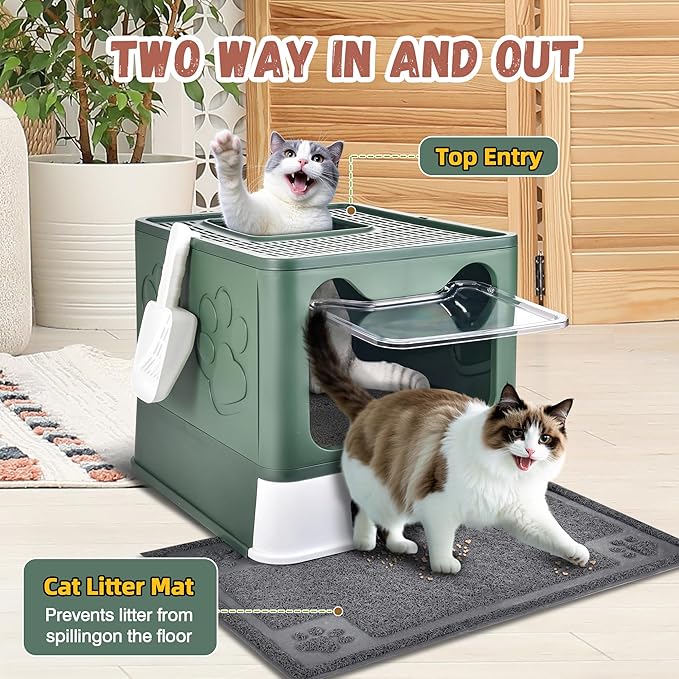 Cat Litter Box with Litter Mat, Foldable Extra Large Free in and Out/One-Way with Lid, Drawer Type Enclosed Kitty Litter Box,Odor Control Anti-Splashing Easy Cleaning (Green)