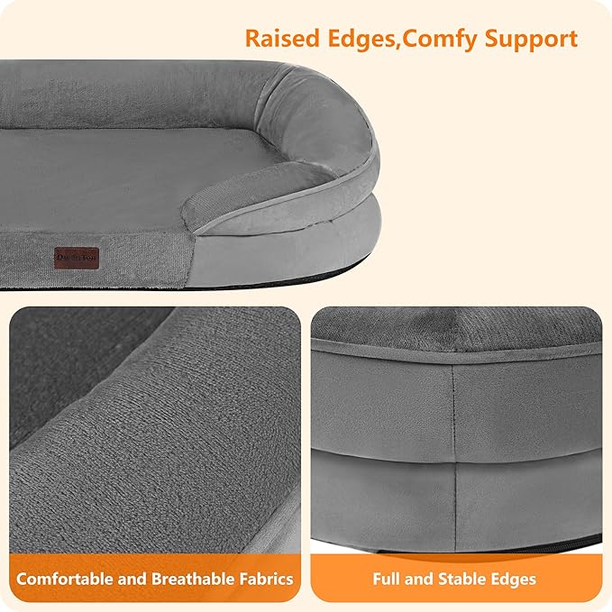 Dwanton Orthopedic Dog Bed for Extra Large Dogs with Gel Memory Foam, Waterproof Dog Sofa, Washable Pet Bed with Four Sided Bolster Cushion, Removable Cover & Non-Slip Bottom, 45", Medium Gray