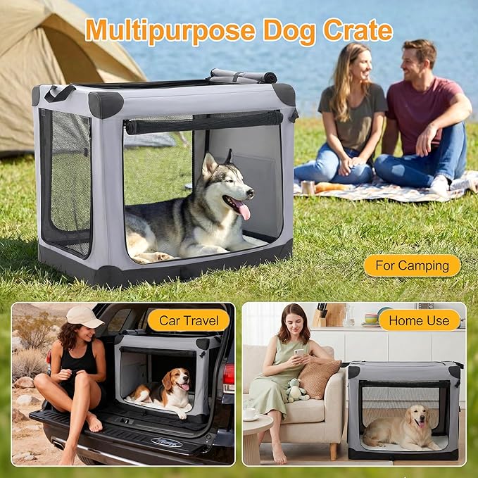 Dog Travel Crate 24 Inch, Portable Soft-Sided Travel Carriers for Dogs and Cats, Foldable Pet Kennel with 3-Doors Mesh Windows Indoor & Outdoor, Grey