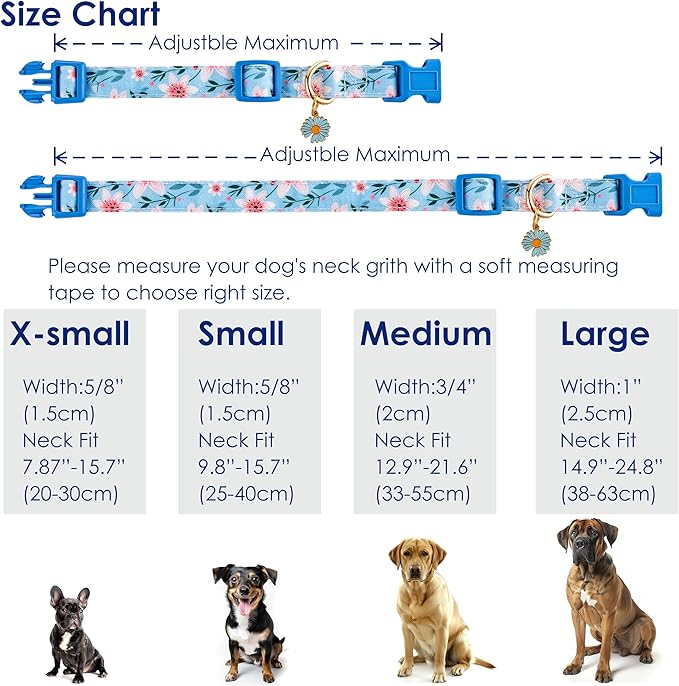 Cotton Dog Collar Blue Flower Pattern for Boys and Girls Cute Dog Collars Summer Fall Gift Adjustable for Medium to X-Large Breed Dogs (L)
