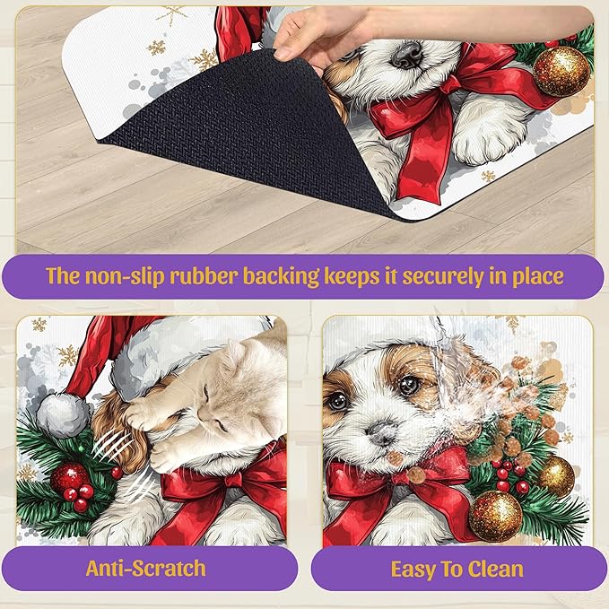 Christmas Dog and Cat Food Mat, Absorbent Feeding Placemat, Waterproof Non-Slip Rubber Base – 12x20 Inch