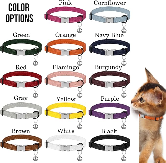 Leather Cat Collar with Buckle and Removable Bell - Non Breakaway Adjustable Soft Safety Small Pet Collars for Girl Boy Cats Kitten (Green)