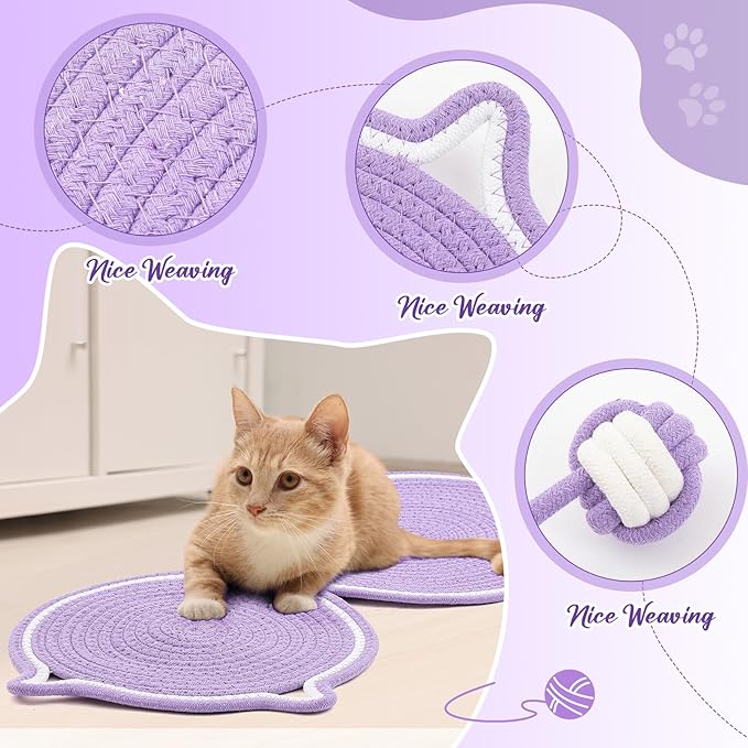 25.6 Inch Large Scratching Mat for Indoor Cats Natural Cotton Rope Flat Scratcher with Ear Hooks and Ball Toy Cat Scratch Rug Pad for Wall, Couch, Carpets, Sofas (Purple)