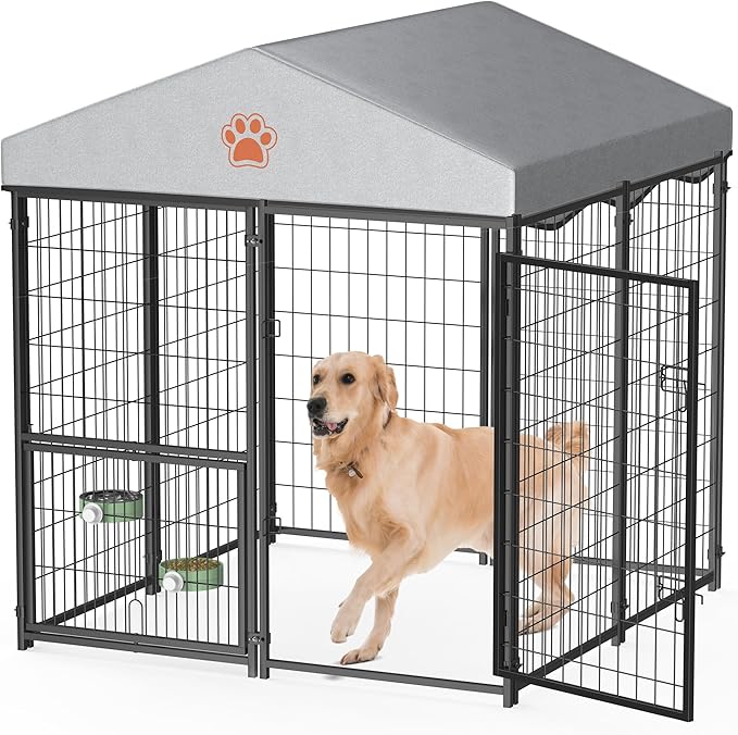 Mr IRONSTONE Outdoor Dog Kennel Heavy Duty Metal Dog Enclosure with Roof, Rotating Food & Water Feeder, Waterproof Covered Large Dog Run for Backyard, Secure Lock Design (4'L x 4'W x 4.4'H)