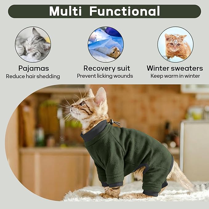 PUMYPOREITY Sticky Hair Cat Clothes, Prevent Loss Pajamas, Soft Sweaters for Cats Only, Onesie, Recovery Suit After Surgery, Green, M