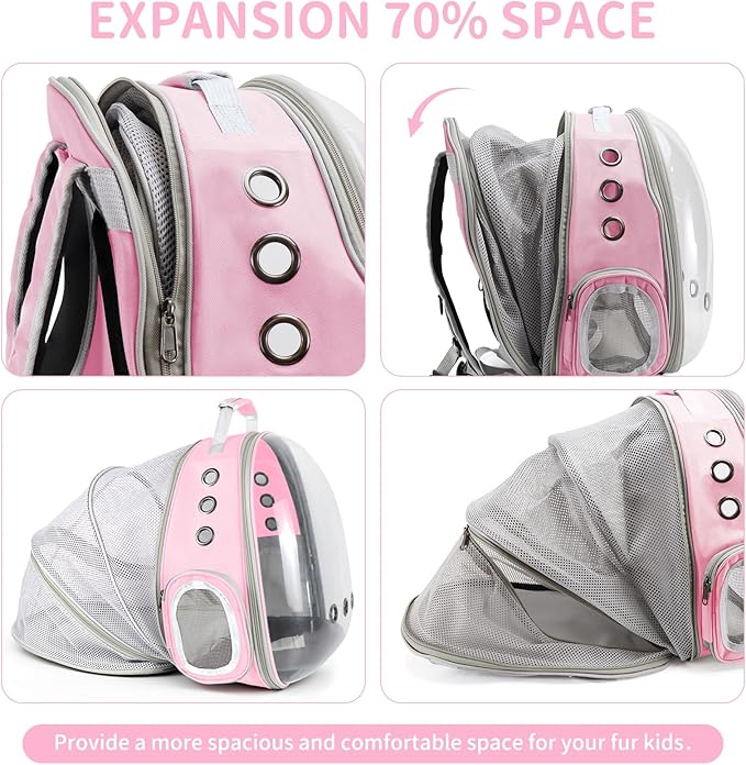 Cat Backpack Carrier, Back Expandable Pet Backpack with Bubble Window, Airline Approved Pet Travel Bag for Small/Medium Cats & Puppies, Hiking, Camping, Outdoor Use (Pink)