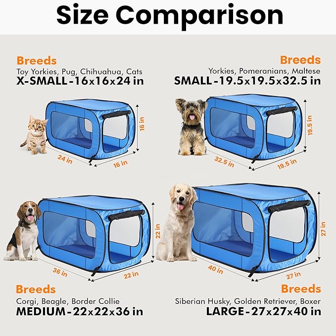 Beatrice Home Fashions Portable, Collapsible, Pop Up Kennel Travel Cat and Dog Crate, 32.5" L x 19.5" W x 19.5" H, Blue