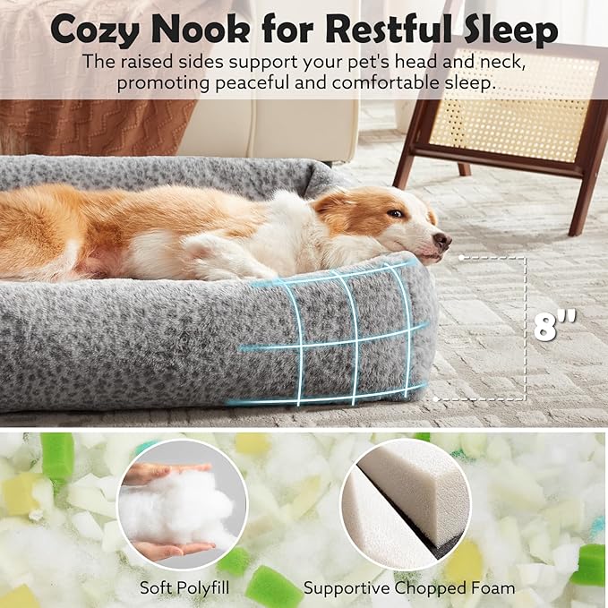 JOEJOY Dog Bed Medium Size Dog, Removable Washable Cover Orthopedic Soft Faux Rabbit Fur Pet Bed, Cute Calming Puppy Bed with Non Skid Bottom