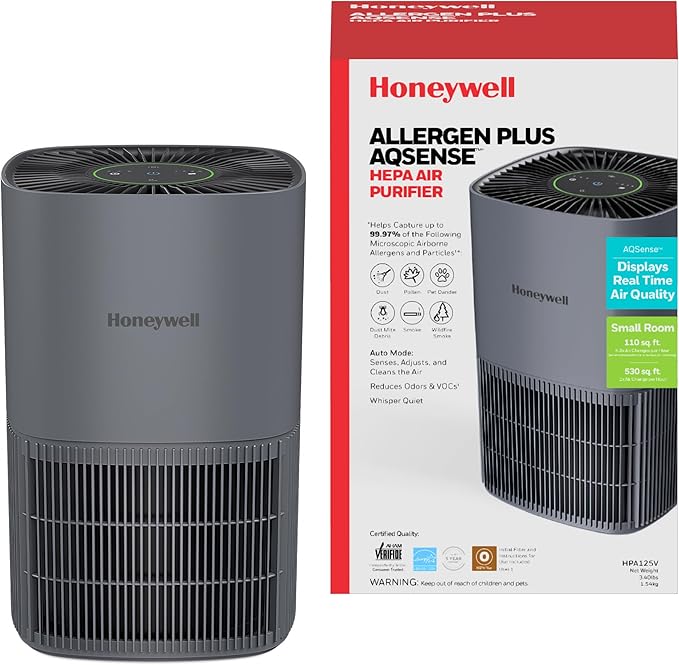 Honeywell Allergen Plus Compact HEPA Small Room Air Purifiers for Home, Up to 530 Ft² Coverage, 3-in-1 Filter, Pet Dander, Smoke & Odor Reducer Air Quality Sensor with Auto Mode, Grey, HPA125V