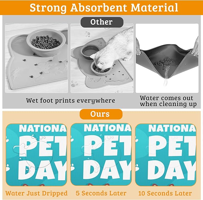 Pet Dog Cat Food Mat,Animal Paws Absorbent Waterproof Placemat for Food and Water Non Slip Rubber Backing Durable Feeding Pad for Clean Floors 12" x 20"