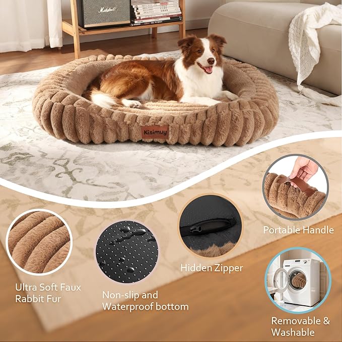 Orthopedic Dog Bed for Large Dogs, Comfort-Sided Calming Pet Bed with Breathable Memory Foam, Plush Faux Rabbit Fur & Non-Slip Bottom, Machine Washable with Carry Handle, 35"x27"x5.5", Brown