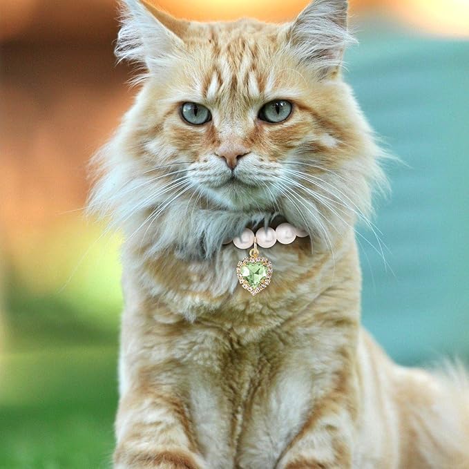 2pcs Cat Pearl Collar with Heart Pendant, Cute Pearl Pet Necklace in Small, Adjustable Wedding Party Small Dog Jewelry Accessories for Puppy Kitten- White & Green