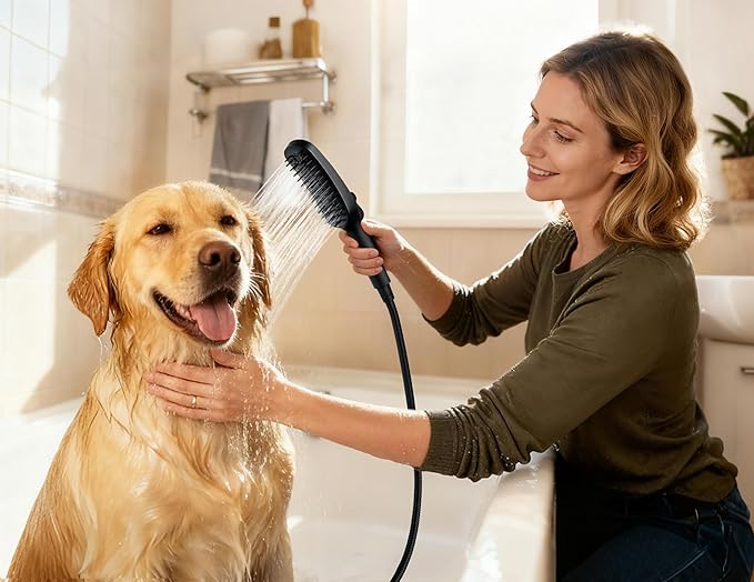 G-Promise 3 Mode Dog Shower Attachment with Pause Mode, Dog shower Sprayer with 86 Inches Stainless Steel Hose, Metal Diverter, Adhesive Holder, for Fast and Easy Dog Bathing and Cleaning(Matte Black)