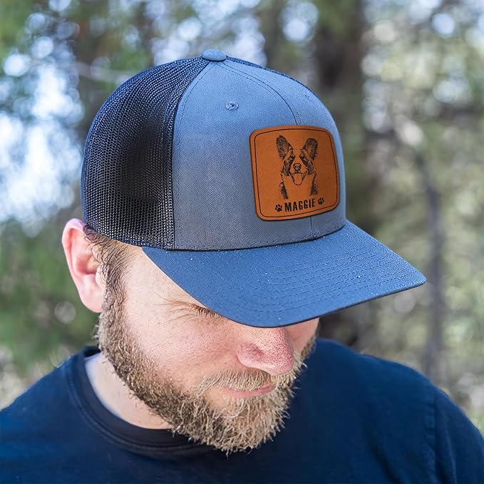 Custom Dog Photo Engraved Trucker Hat Leather Patch, Personalized Hat with Photo, Custom Cap Gift for Dog Dad, Pet Lover on Birthday, Father's Day