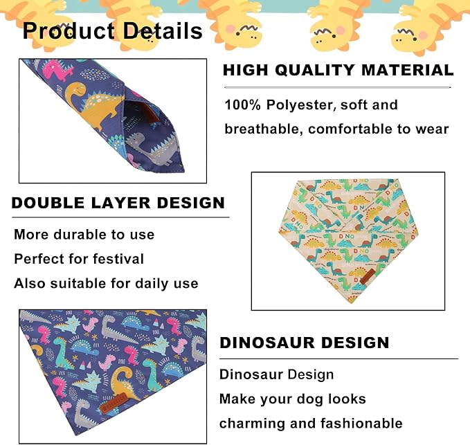 ADOGGYGO Dinosaur Dog Bandanas 2 Pack, Reversible Colorful Animal Pet Scarf, Premium Fabric, Adjustable Fit Yellow Blue Dinosaur Bandanas for Extra Large Dogs (X-Large)