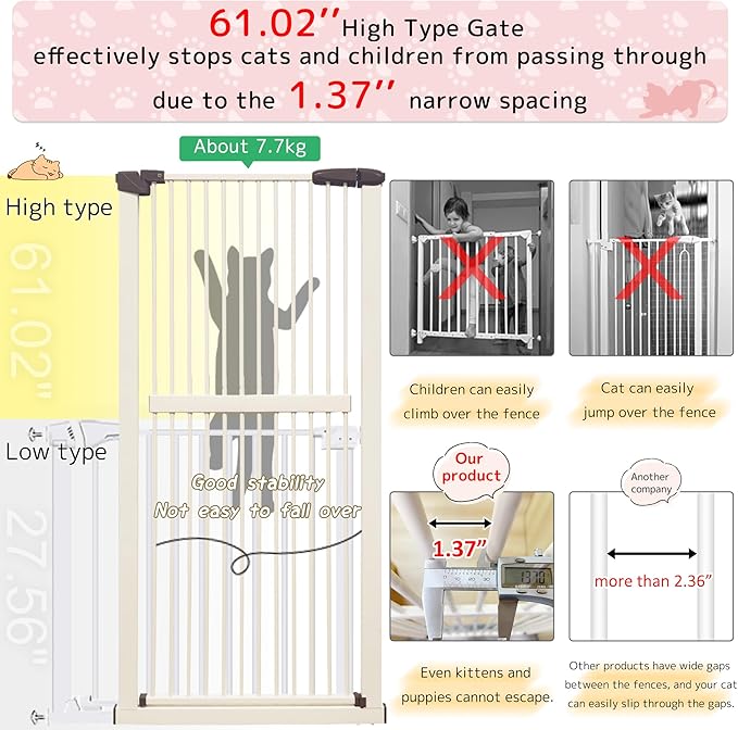 Lumizone Extra Tall Cat Gate 61.02" High Pressure Mounted Extra Wide 42.52"-46.64" (17Sizes) 1.37" Gap No Drilling Auto-Close Tall Pet Gate for Dogs (Cream, 42.52"-46.64" W)