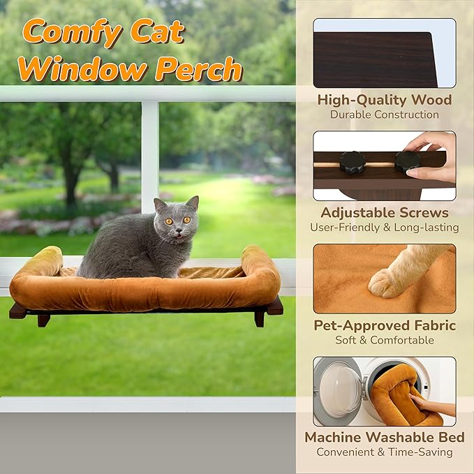 [Ready to Gift] PURRHOUSE 45LBS Cat Window Perch with Bolster, Hammock Seat with Plywood & Metal Frame, Cat Bed for Windowsill, Bedside and Cabinet (Walnut Wood & Brown Cushion, 24.8''W x 9.4''H)