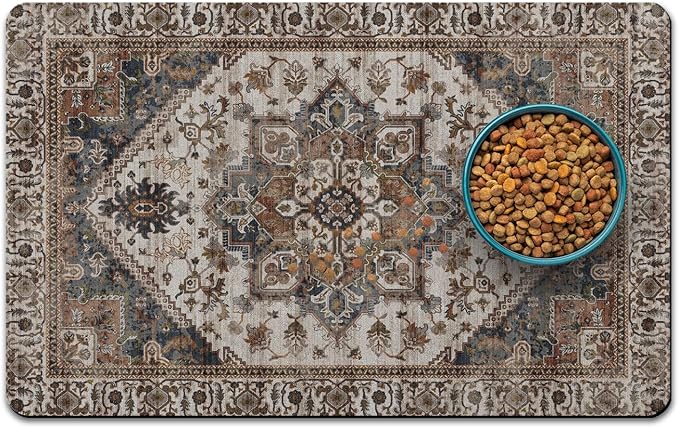 Dog Food Mats for Floors, Absorbent and Quick-Drying Pet Cat Food Mat,Anti-Fouling and Easy-to-Clean Pet Feeding Mat,Dog Bowl Mat for Messy Drinking Water Bowls.17 x32, Bohemia Style