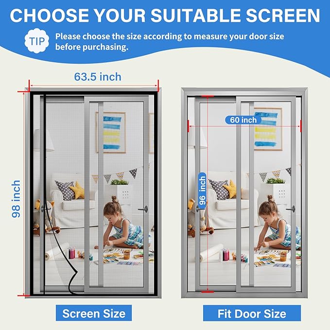 Magnetic Screen Door Left Right Side Opening Upgraded PET Mesh Greater Than Fiberglass and Polyester,Keep Bugs Out,Pet & Kid Friendly,Suitable for Sliding Doors,Patio French Doors-60" X 96"
