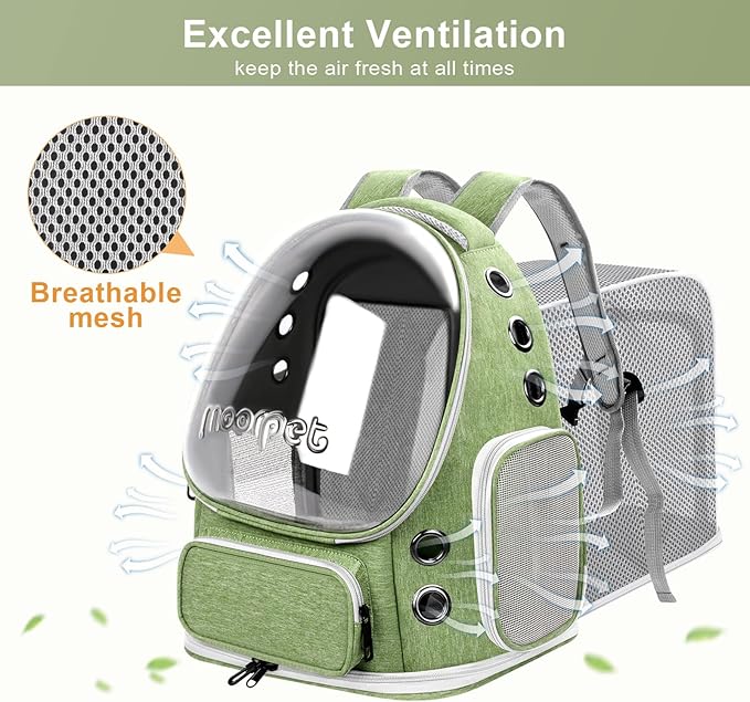 Breathable Cat Bubble Backpack Large Space Pet Carrier Backpack Expandable for Kitty Dog, Foldable Airline Approved Cat Backpack, Transparent PetTravel Backpack Up to 20 lbs (Green) (Green)