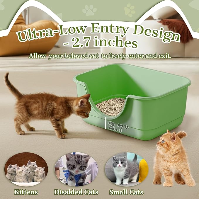 Low Entry Small Litter Box for Kittens, Kitty Plastic Litter Boxes, Open Top, Anti-Splash High Sided Litter Tray Pan for Medium Pets, Puppy, Easy to Clean, 15.7" L*11.8" W*6.7" H (Green)