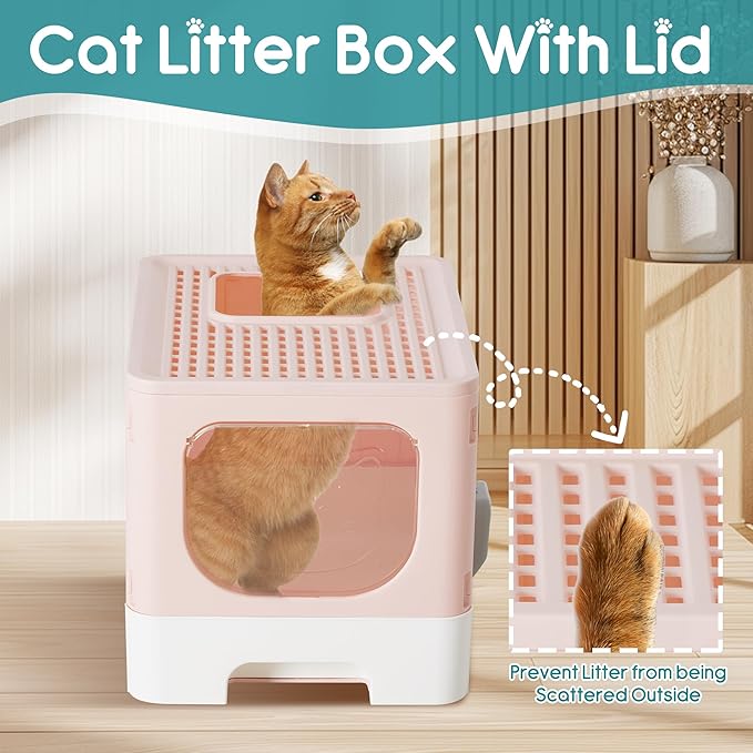OLIXIS Cat Litter Box with Lid, Large Foldable Cat Box with Litter Scoop, Front Entry Top Exit Kitty Litter Box with Door, Easy Cleaning Drawer Design Odor Control, Pink