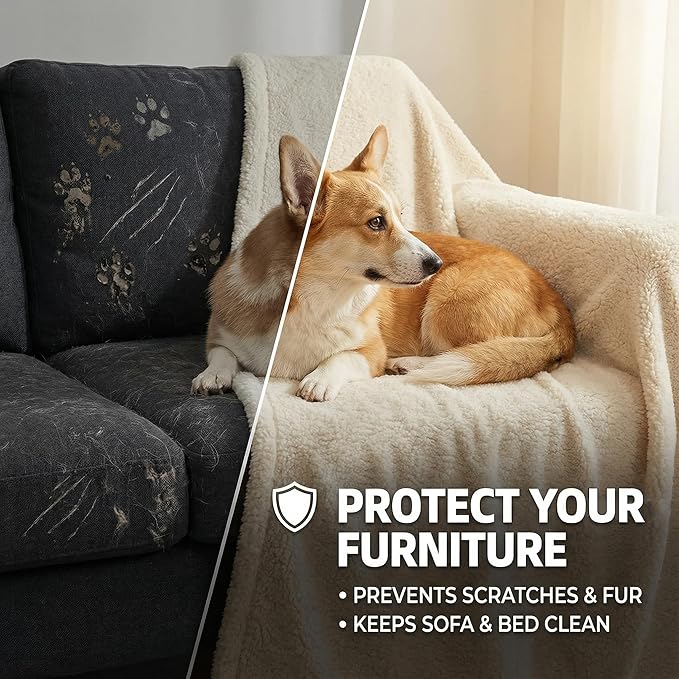 furrybaby Dog Blanket Soft Dog Blankets for Large Dogs Puppy Essentials Washable Sherpa Fleece Cat Blanket 40x47 Inches for Bed Furniture Couch Sofa (Large, Beige)