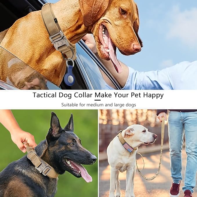 DAGANXI Tactical Dog Collar, Adjustable Military Training Nylon Dog Collar with Control Handle and Heavy Metal Buckle for Medium and Large Dogs, with Patches and Airtags Case (S, Brown-Set)