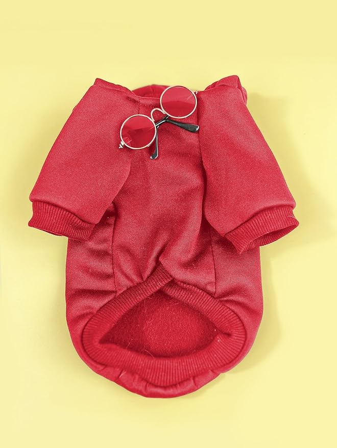 QWINEE 3Pcs Dog Hoodie Cat Apparel Dog Custume Set with Necklace and Sunglasses Pet Clothes for Puppy Small Medium Dogs Cats Red L
