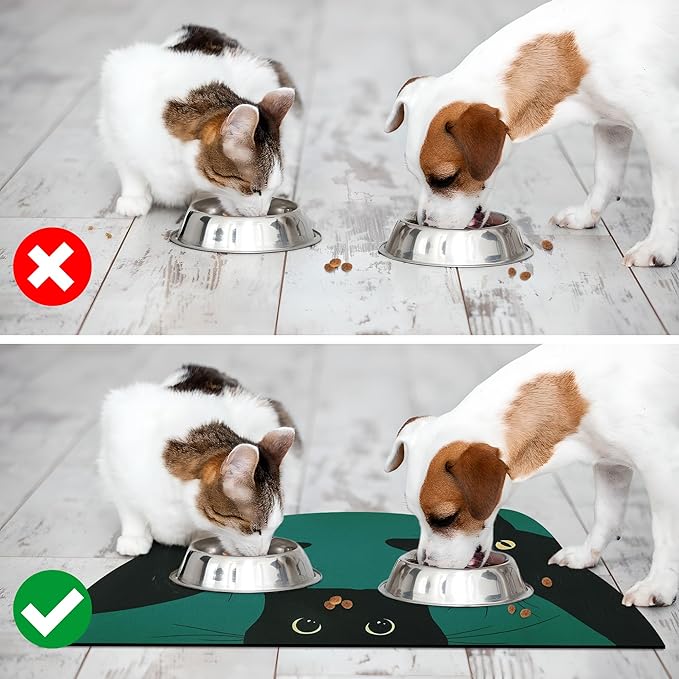 Cat Food Mat - Pet Feeding Mat for Floor, Non-Slip, Waterproof, Super Absorbent, Easy to Clean, Blue, Cat, Dog 18.1''x9.8''