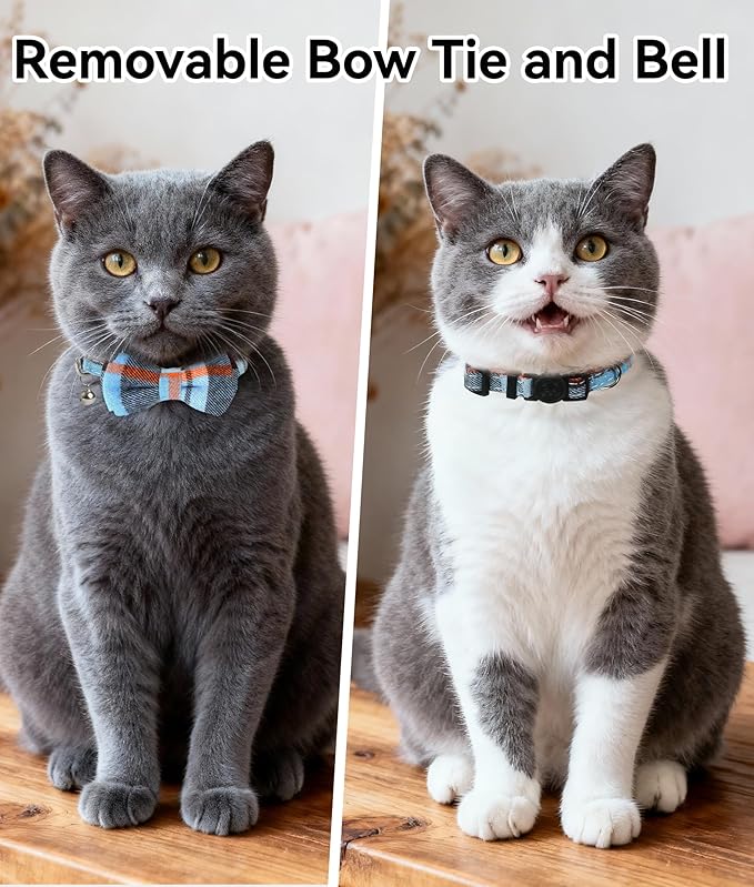 Joytale Upgraded Cat Collar with Bells, Breakaway Cat Collars with Bow Tie, 1 Pack Girl Boy Safety Plaid Kitten Collars, Haze Blue