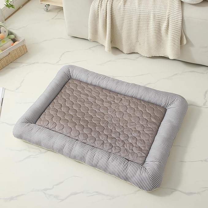 Cooling Dog Bed, Pet Mat with Quilted Design, Cooling Bed for Cats, Striped Border (Coffee, Small)