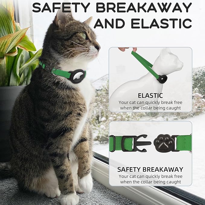 AirTag Cat Collars, Stretchy Collar with Apple AirTag Holder and Bell, Breakaway Ultra Design Elastic GPS Tracking Collars for Cats and Puppies, (7.5-12.5 Inch), Emerald Green