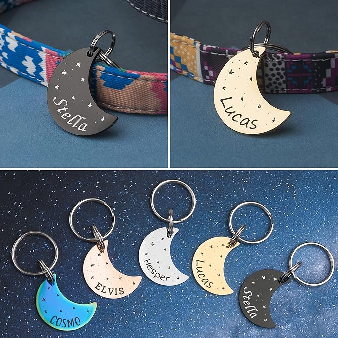 Anavia Small Size Dog Cat ID Tags, Small/XS Personalized Color Plated Stainless Steel Puppy Kitten Name Tags, Customized Engraved Nameplate Pet Collar Tag (Rainbow, Moon)