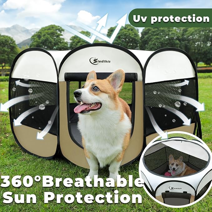 Dog Cat Playpen, Medium Puppy Pet Playpen, Dog Crate Tent Cage Indoor/Outdoor, Portable Pop Up Dogs Kennel Playpen with Carrying Case for Dogs/Cats/Rabbits (Khaki,Medium)