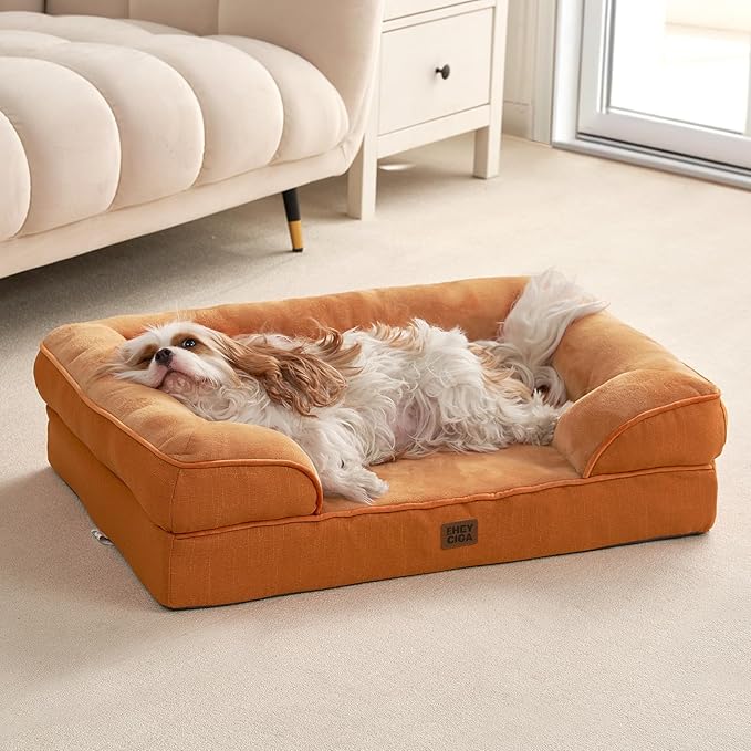 EHEYCIGA Orthopedic Dog Beds for Large Dogs, Waterproof Memory Foam Large Pet Bed with Sides, Non-Slip Bottom and Egg-Crate Foam Dog Couch Bed with Washable Removable Cover,Pumpkin Orange