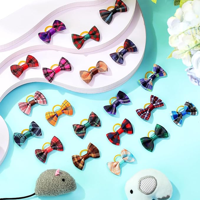 60 Pcs Cute Puppy Dog Hair Bows Small Bowknot Hair Bows with Rubber Bands Handmade Knot Accessories Pet Grooming Products for Holiday Birthday Gift(Plaid)