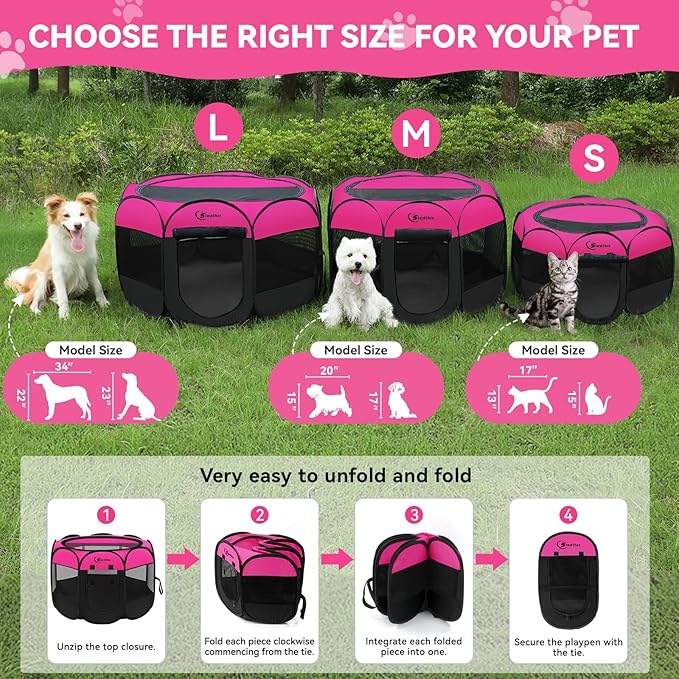 Dog Playpen, Puppy Pet Playpens Indoor for Small Dogs Tent Crates Cage Indoor/Outdoor, Portable Pop Up Dog Kennel Playpen with Carrying Case for Dogs/Cats/Rabbits, Hot Pink