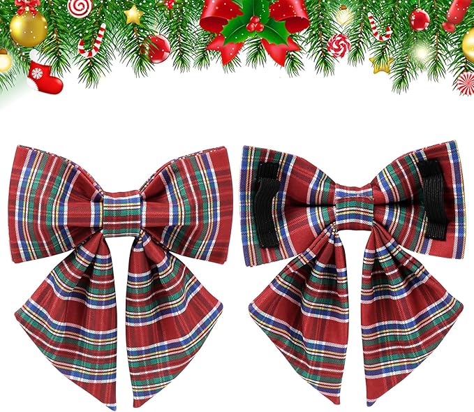 Christmas Plaid Dog Collar with Bow, Red and Blue Check Adjustable Pet Collar with Quick Release, Christmas Stripes Bowtie Collar for Small Medium Large Dogs XS