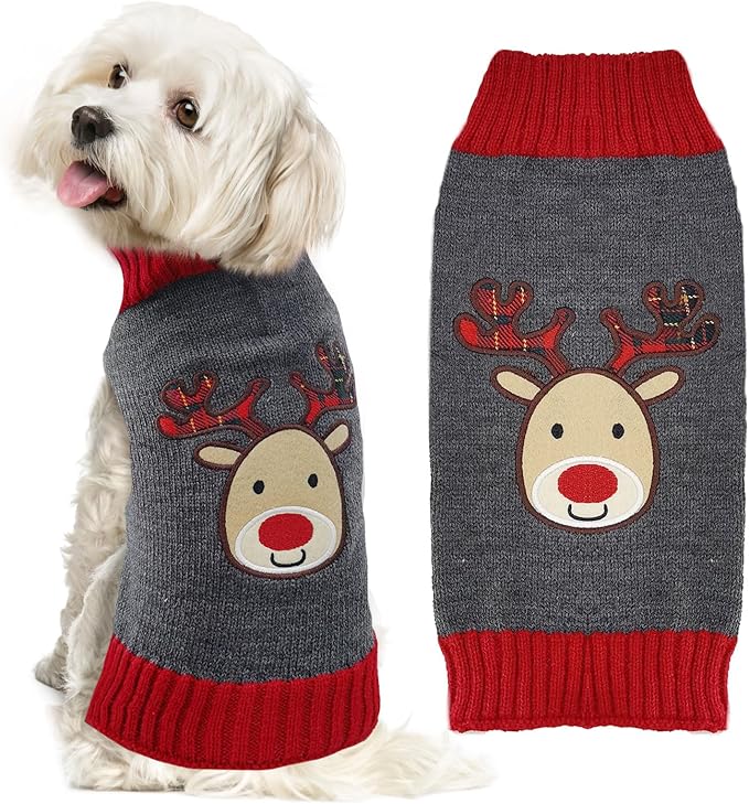 Dog Christmas Sweater Xmas Pet Clothes Cute Gray Reindeer Holiday Puppy Cat Costume New Year Gifts for Small Medium Large Dogs Jumpers (S, Gray Reindeer)
