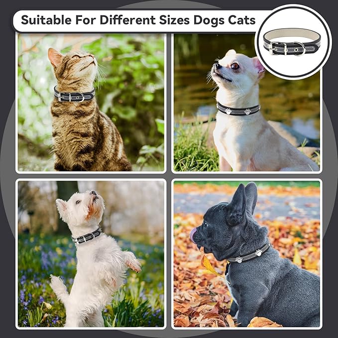 PETCARE Reflective Dog Collar with Cute Paw Rivet Studded Funny Soft PU Leather Adjustable Puppy Dog Collars for Small Medium Large Dogs Cats (Black,Small)